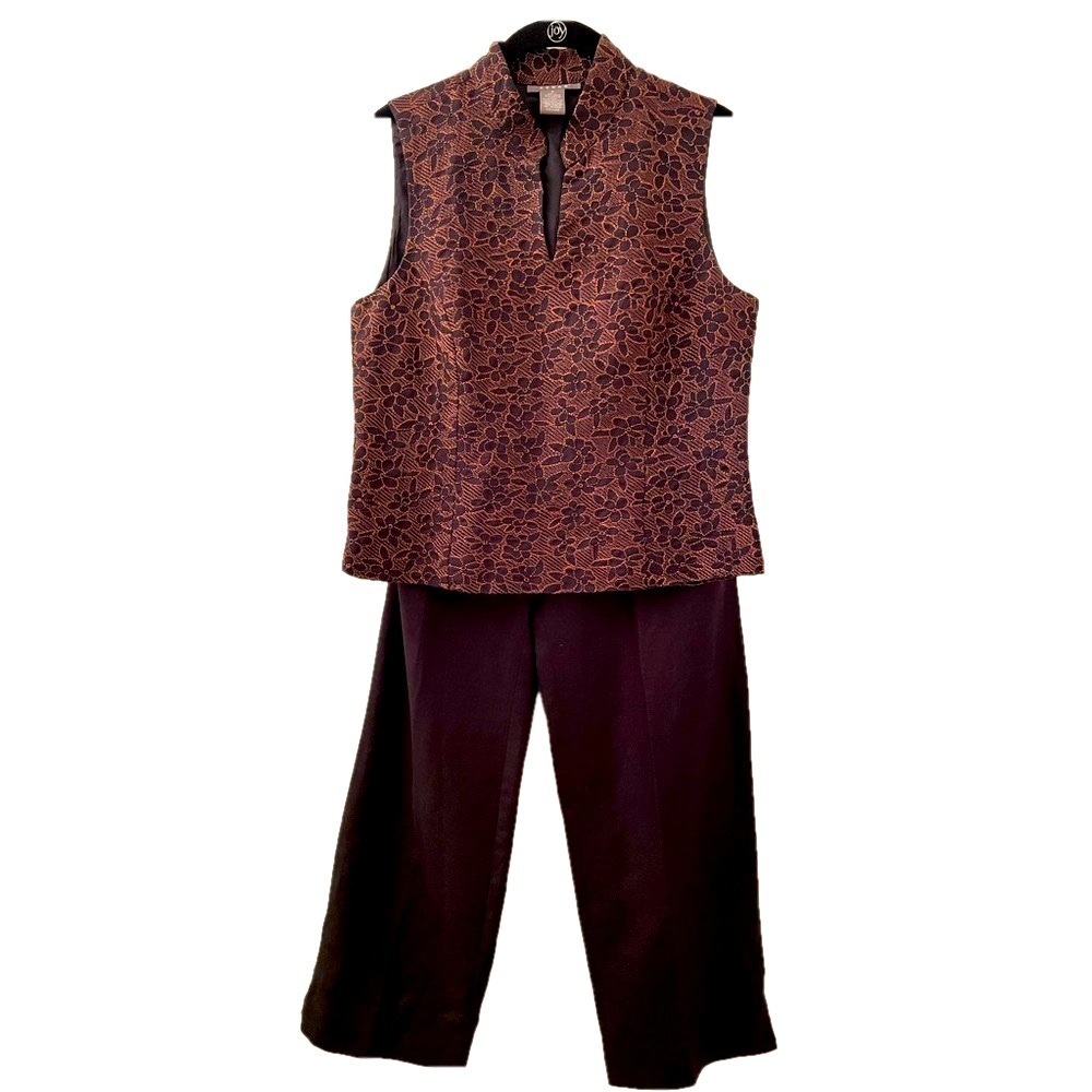 Kenar Linen Two Piece Outfit - Lace Overlay Floral Top with Bronze Threading